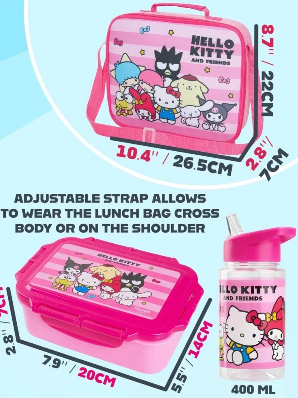 Hello Kitty & Friends 3pc Lunch Set Insulated Bag Lunch Box 400ml Bottle NWT